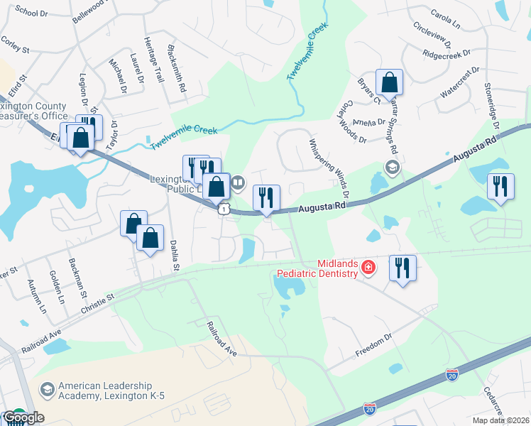 map of restaurants, bars, coffee shops, grocery stores, and more near 2948 Augusta Road in Lexington