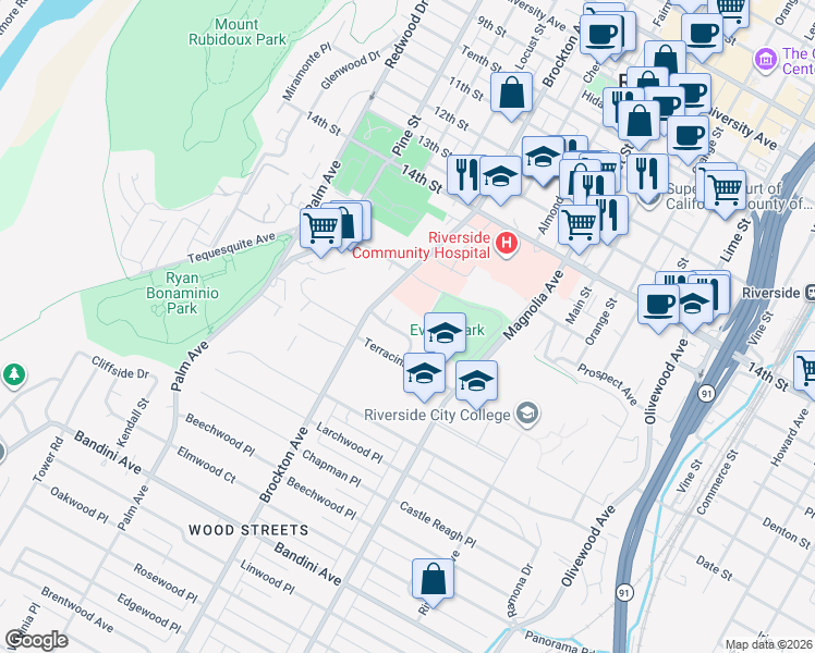 map of restaurants, bars, coffee shops, grocery stores, and more near 3985 Rice Road in Riverside