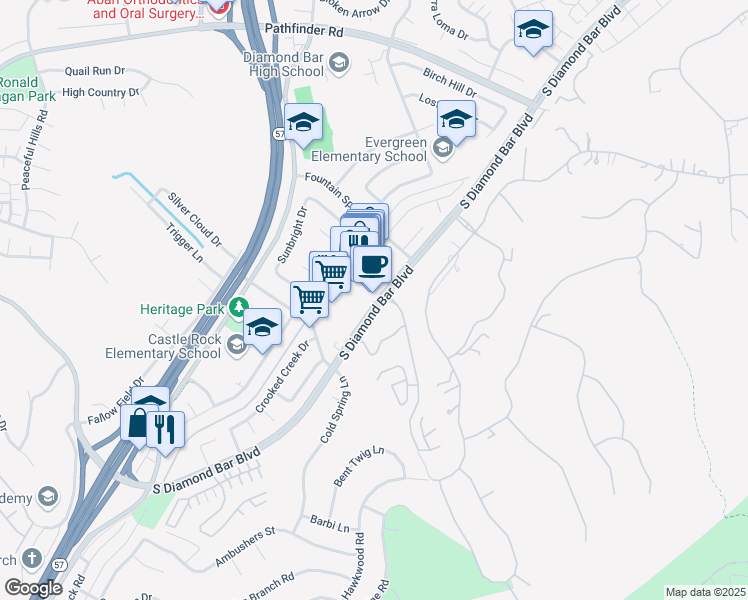 map of restaurants, bars, coffee shops, grocery stores, and more near 2767 South Diamond Bar Boulevard in Diamond Bar