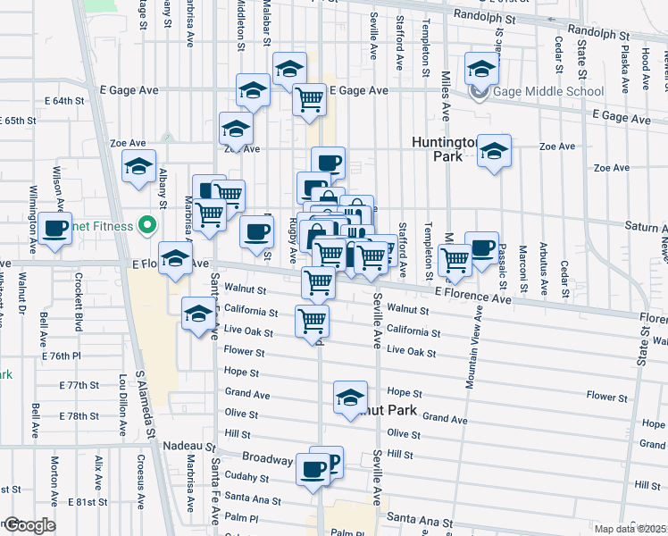map of restaurants, bars, coffee shops, grocery stores, and more near 7119 Rita Avenue in Huntington Park