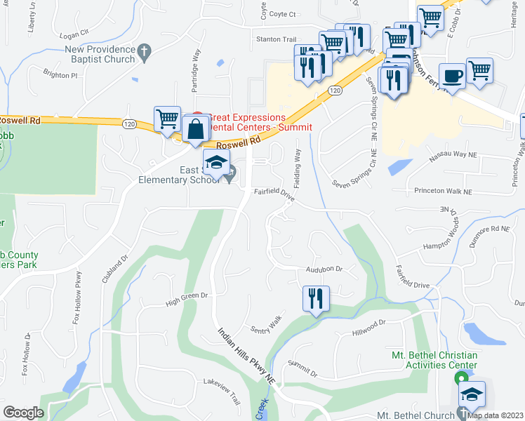 map of restaurants, bars, coffee shops, grocery stores, and more near 528 Audubon Drive in Marietta