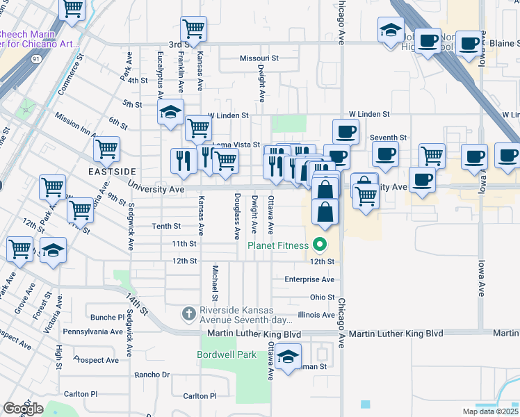 map of restaurants, bars, coffee shops, grocery stores, and more near 3912 Dwight Avenue in Riverside
