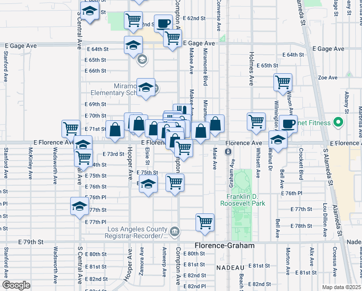 map of restaurants, bars, coffee shops, grocery stores, and more near 7104 Compton Avenue in Los Angeles
