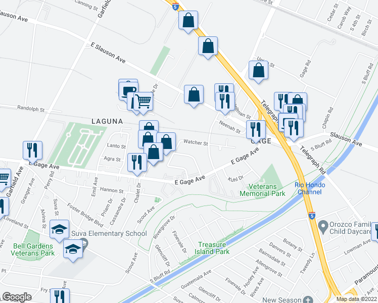 map of restaurants, bars, coffee shops, grocery stores, and more near 7003 Lanto Street in Commerce