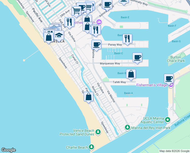 map of restaurants, bars, coffee shops, grocery stores, and more near 4051 Via Dolce in Marina del Rey