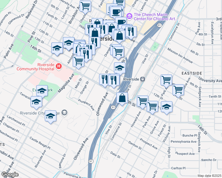 map of restaurants, bars, coffee shops, grocery stores, and more near 3435 14th Street in Riverside