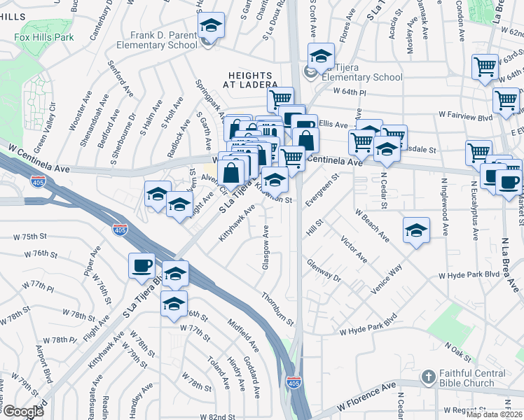map of restaurants, bars, coffee shops, grocery stores, and more near 6921 Kittyhawk Avenue in Los Angeles