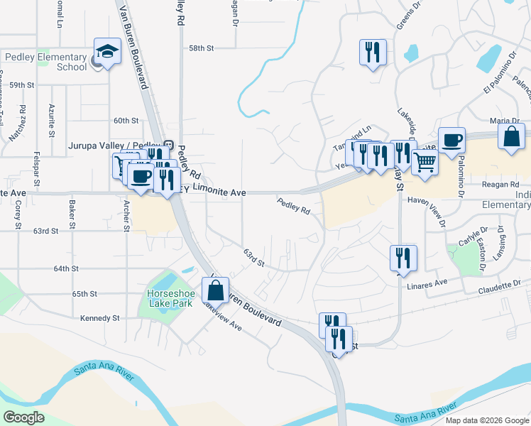 map of restaurants, bars, coffee shops, grocery stores, and more near 8550-8566 Limonite Avenue in Riverside
