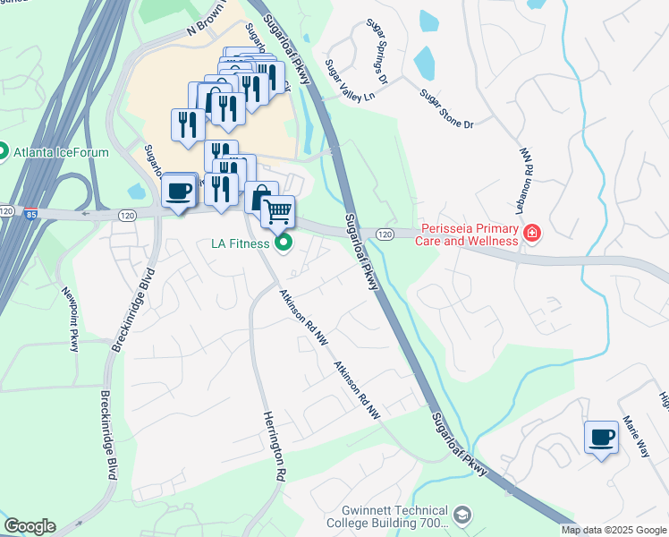 map of restaurants, bars, coffee shops, grocery stores, and more near 1893 Farmwood Drive Northwest in Lawrenceville