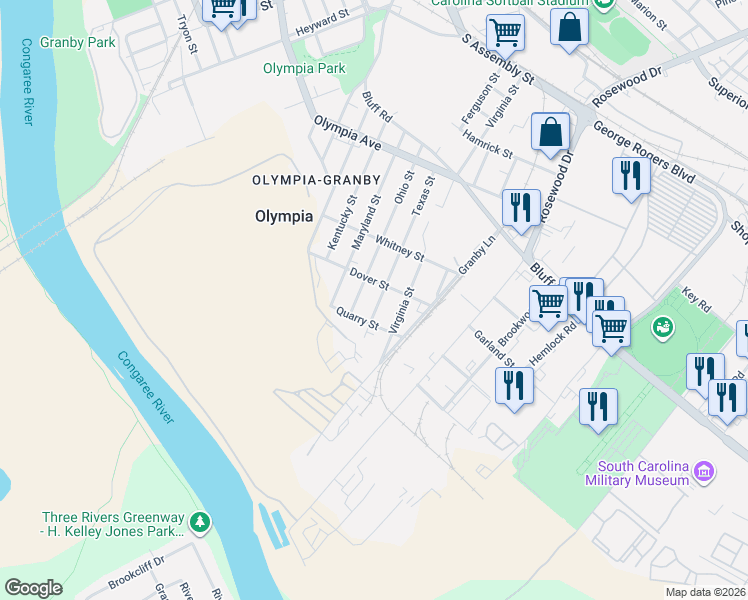 map of restaurants, bars, coffee shops, grocery stores, and more near 1327 Dover Street in Columbia