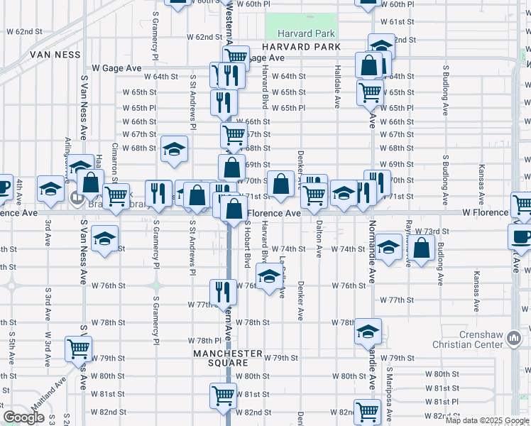map of restaurants, bars, coffee shops, grocery stores, and more near W Florence Ave & S Harvard Blvd in Los Angeles