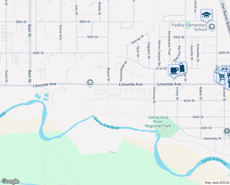map of restaurants, bars, coffee shops, grocery stores, and more near 9733 New Forest Lane in Jurupa Valley