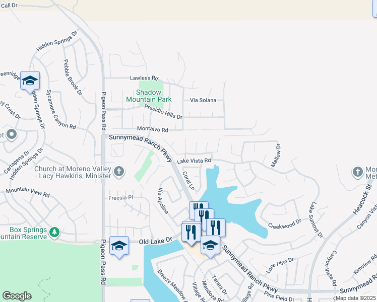 map of restaurants, bars, coffee shops, grocery stores, and more near 10088 Sand Crest in Moreno Valley