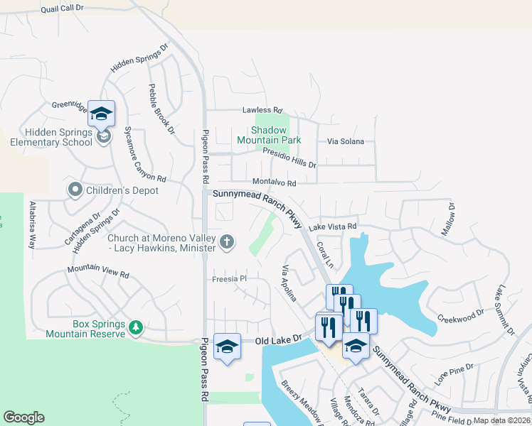 map of restaurants, bars, coffee shops, grocery stores, and more near 10120 Via Indigo in Moreno Valley