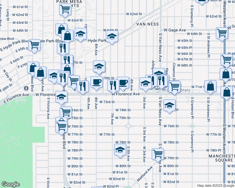 map of restaurants, bars, coffee shops, grocery stores, and more near W Florence Ave & 6th Ave in Los Angeles
