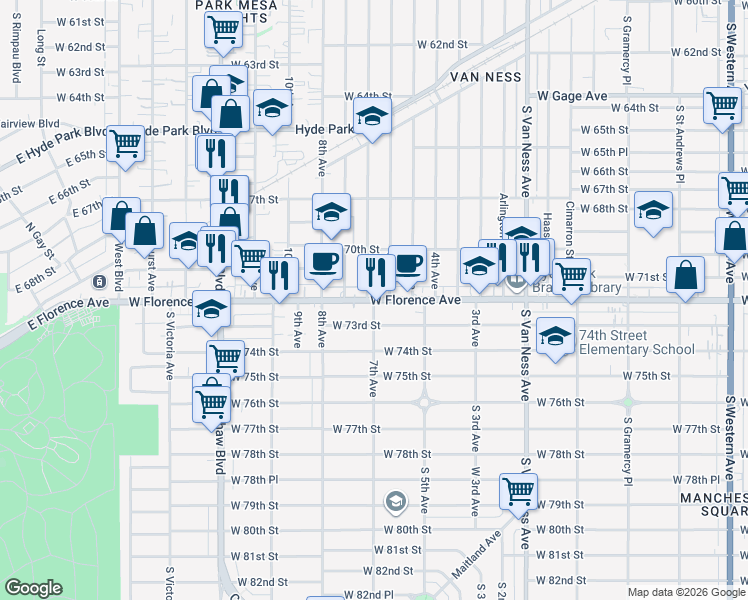 map of restaurants, bars, coffee shops, grocery stores, and more near West Florence Avenue in Los Angeles