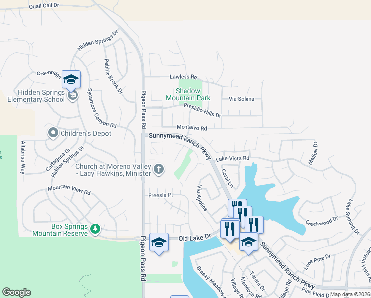 map of restaurants, bars, coffee shops, grocery stores, and more near 10120 Via Indigo in Moreno Valley