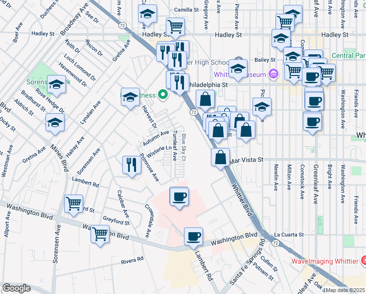 map of restaurants, bars, coffee shops, grocery stores, and more near 12270 Blue Sky Court in Whittier