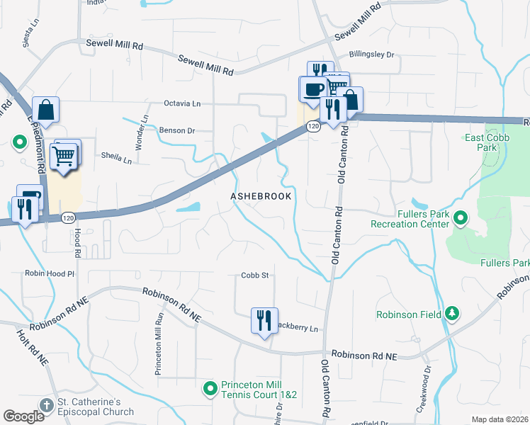 map of restaurants, bars, coffee shops, grocery stores, and more near in East Cobb