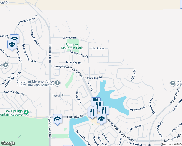 map of restaurants, bars, coffee shops, grocery stores, and more near 10088 Sand Crest in Moreno Valley