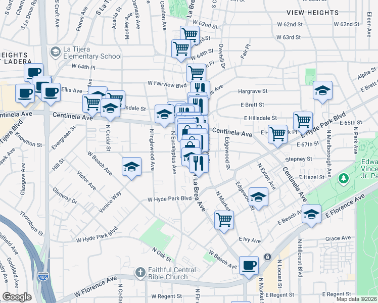 map of restaurants, bars, coffee shops, grocery stores, and more near 127 West Plymouth Street in Inglewood