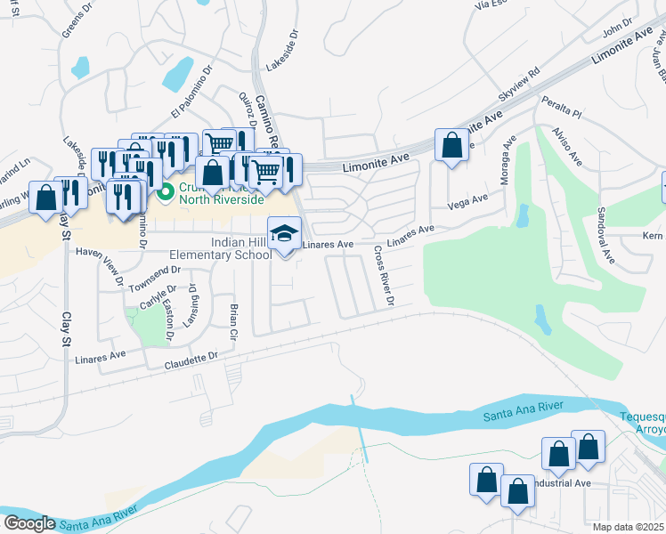 map of restaurants, bars, coffee shops, grocery stores, and more near 6242 Candlelight Drive in Riverside