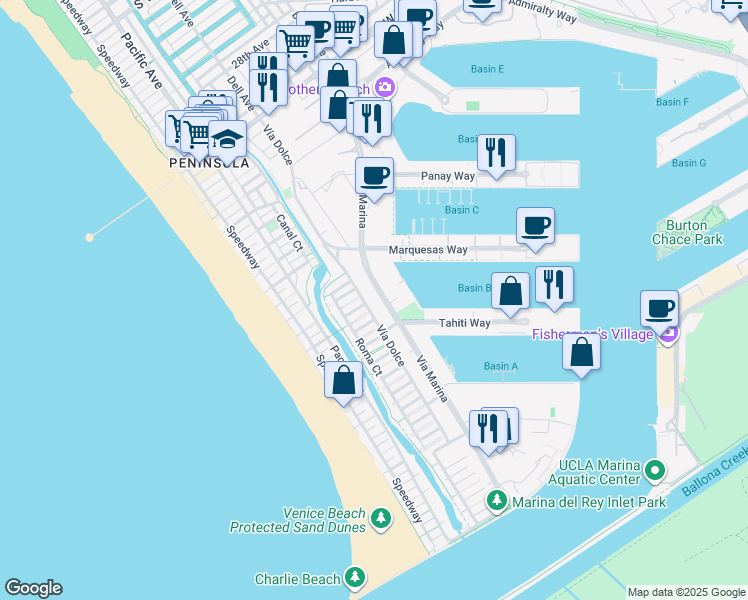 map of restaurants, bars, coffee shops, grocery stores, and more near in Marina del Rey