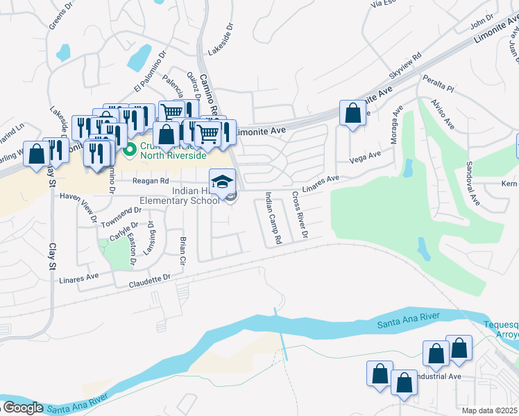 map of restaurants, bars, coffee shops, grocery stores, and more near 6242 Candlelight Drive in Riverside