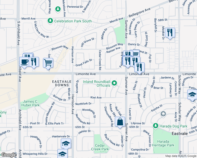 map of restaurants, bars, coffee shops, grocery stores, and more near 6239 Cedar Creek Road in Corona