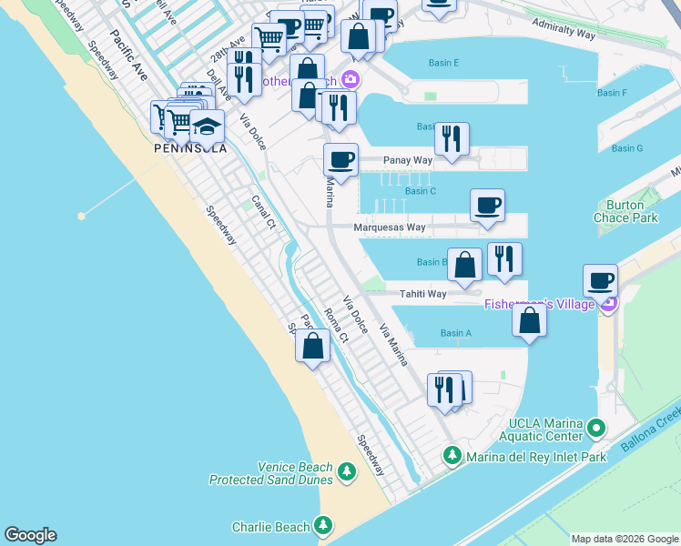 map of restaurants, bars, coffee shops, grocery stores, and more near 4320 Vía Marina in Marina del Rey