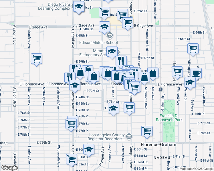 map of restaurants, bars, coffee shops, grocery stores, and more near 1331 East Florence Avenue in Los Angeles