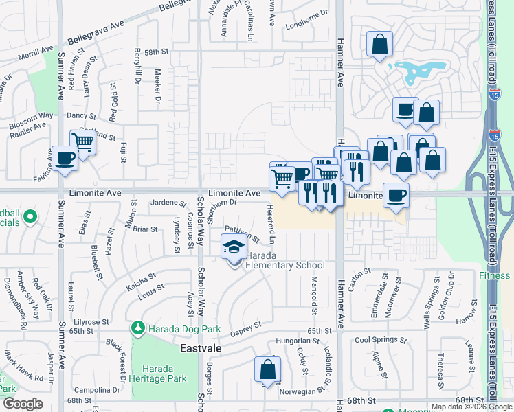 map of restaurants, bars, coffee shops, grocery stores, and more near 12853 Shorthorn Drive in Eastvale