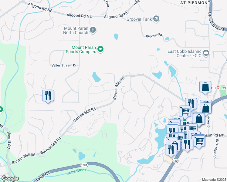 map of restaurants, bars, coffee shops, grocery stores, and more near 1712 Grist Mill Drive in Marietta
