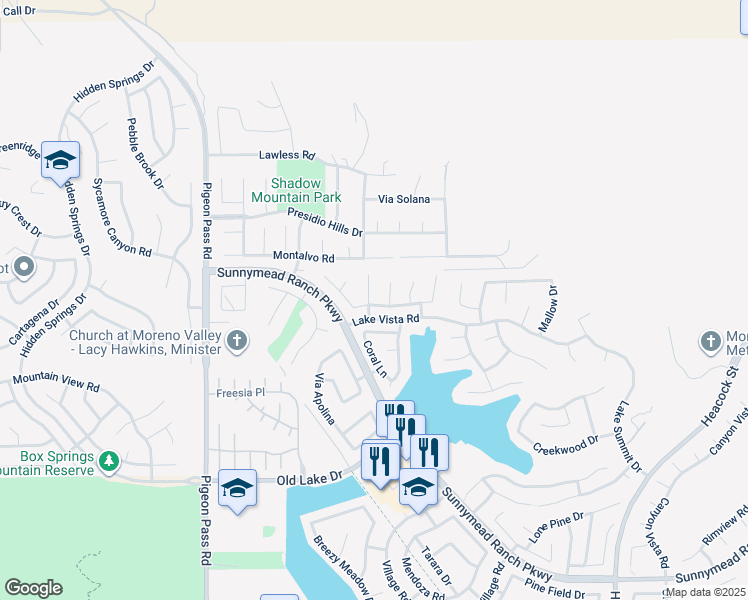 map of restaurants, bars, coffee shops, grocery stores, and more near 10088 Sand Crest in Moreno Valley