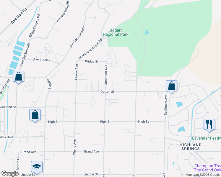 map of restaurants, bars, coffee shops, grocery stores, and more near 40340 Dutton Street in Cherry Valley