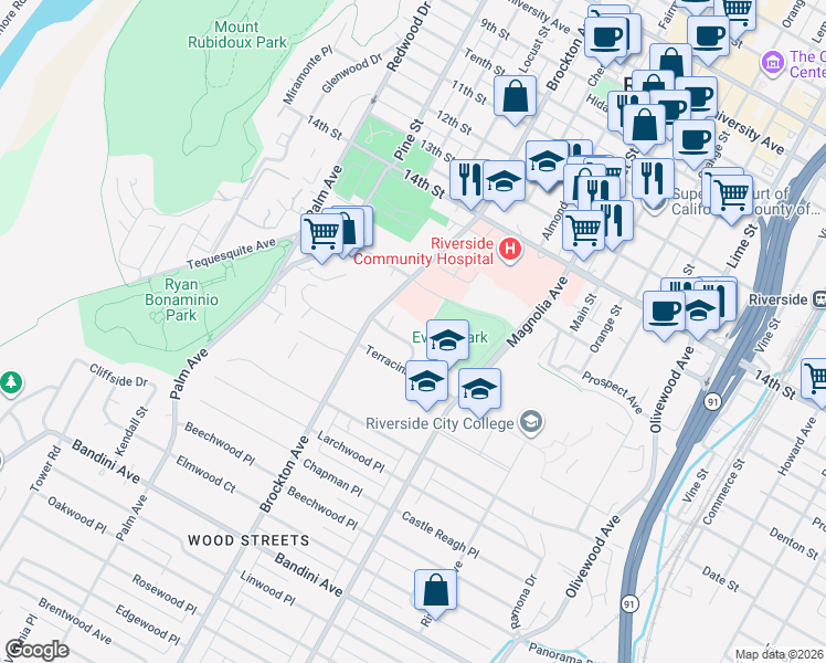 map of restaurants, bars, coffee shops, grocery stores, and more near 4674 Norton Place in Riverside