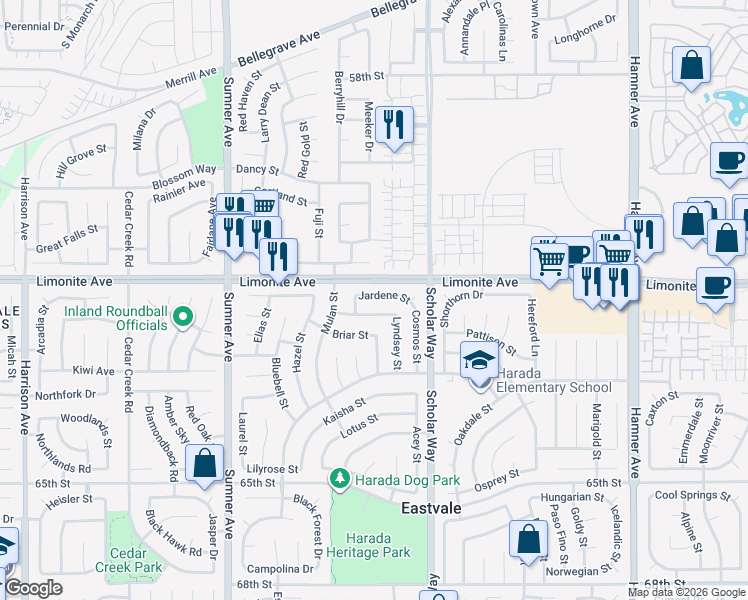 map of restaurants, bars, coffee shops, grocery stores, and more near 13138 Jardene Street in Corona