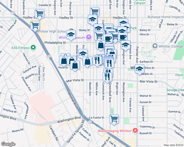 map of restaurants, bars, coffee shops, grocery stores, and more near 7319 Newlin Avenue in Whittier