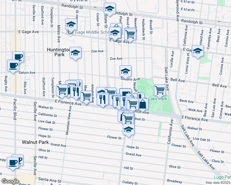map of restaurants, bars, coffee shops, grocery stores, and more near 7016 Mission Place in Huntington Park
