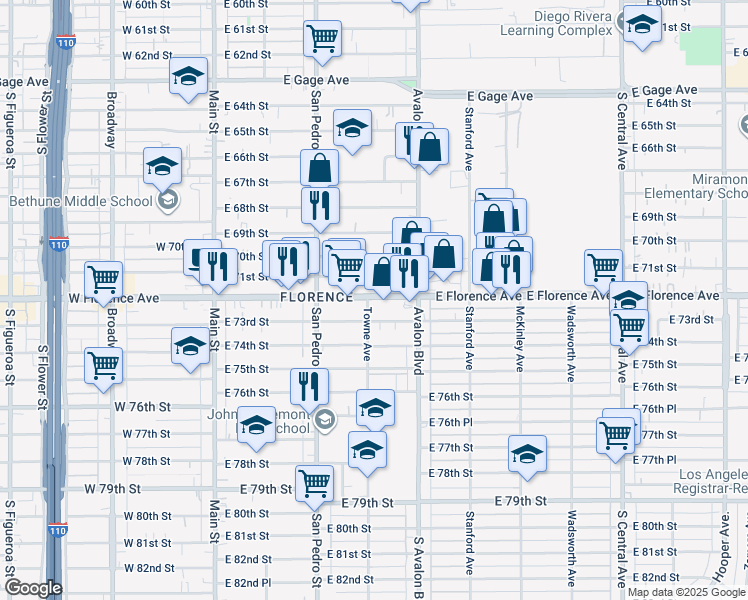map of restaurants, bars, coffee shops, grocery stores, and more near 361 East Florence Avenue in Los Angeles