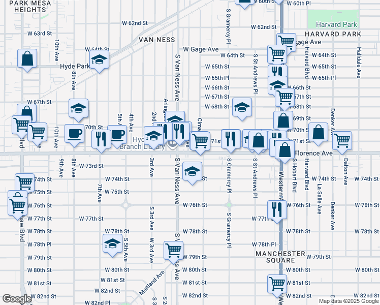map of restaurants, bars, coffee shops, grocery stores, and more near 2151 West Florence Avenue in Los Angeles
