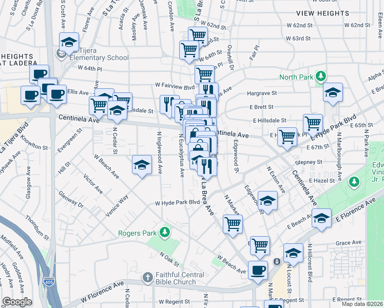 map of restaurants, bars, coffee shops, grocery stores, and more near 914 North Eucalyptus Avenue in Inglewood