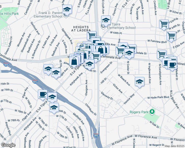 map of restaurants, bars, coffee shops, grocery stores, and more near 5217 Knowlton Street in Los Angeles