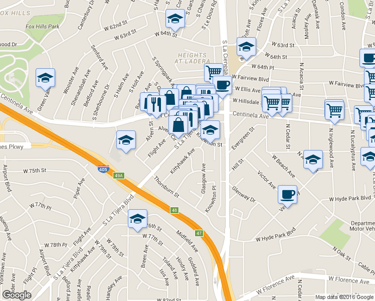 map of restaurants, bars, coffee shops, grocery stores, and more near 6946 1/2 La Tijera Boulevard in Los Angeles
