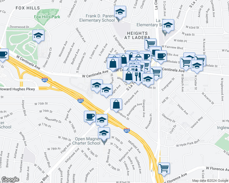 map of restaurants, bars, coffee shops, grocery stores, and more near 7100 Alvern Street in Los Angeles