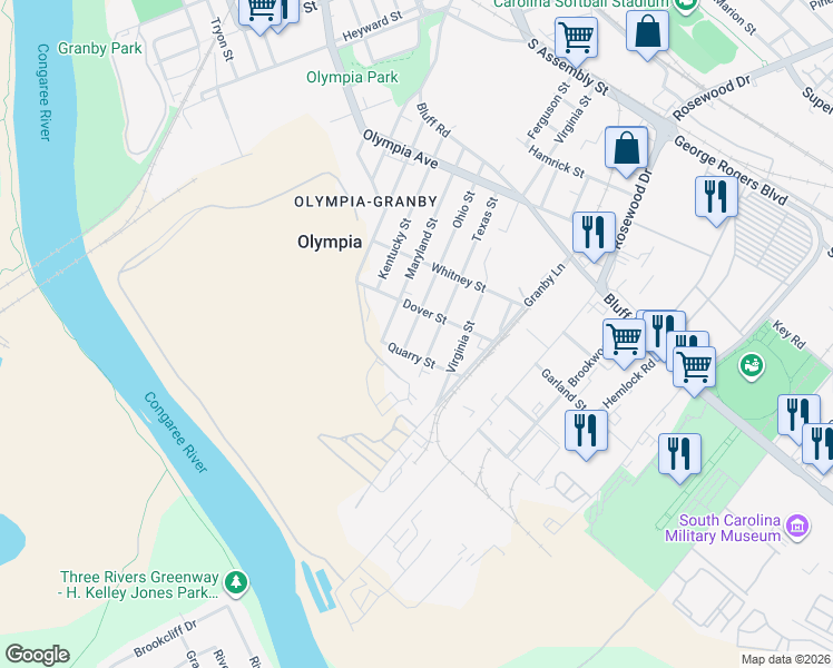 map of restaurants, bars, coffee shops, grocery stores, and more near 1327 Dover Street in Columbia