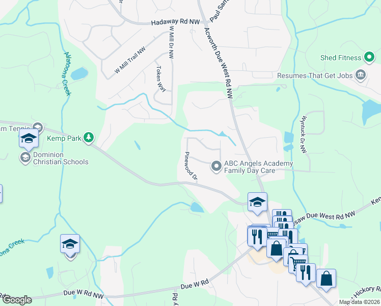 map of restaurants, bars, coffee shops, grocery stores, and more near 775 Pinewood Drive in Marietta
