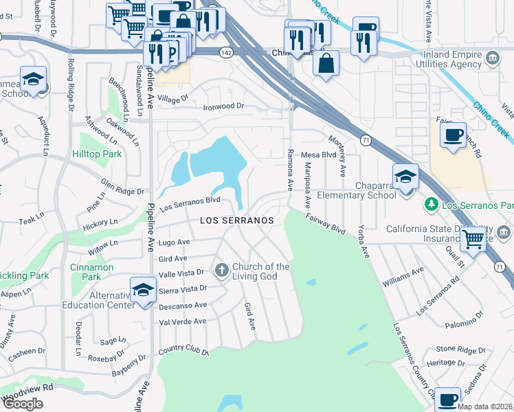 map of restaurants, bars, coffee shops, grocery stores, and more near 4420 Lilac Circle in Chino Hills