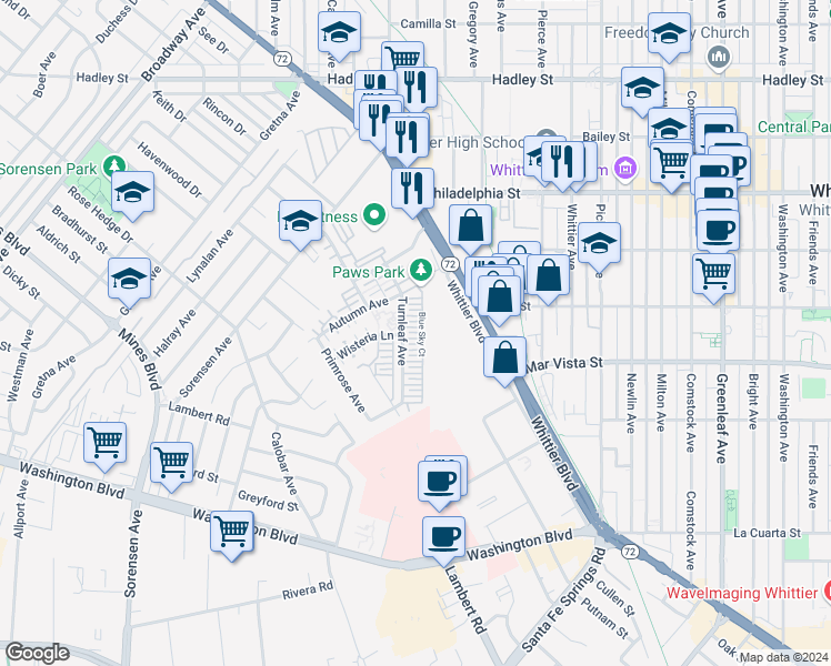 map of restaurants, bars, coffee shops, grocery stores, and more near 12234 Blue Sky Court in Whittier