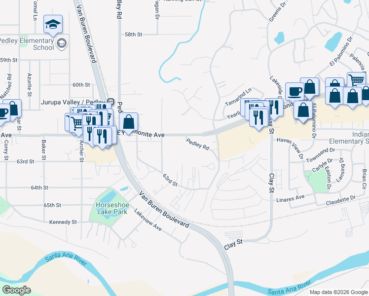 map of restaurants, bars, coffee shops, grocery stores, and more near 6293 Pedley Road in Riverside